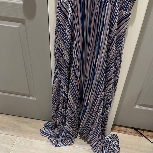 White House Black Market Navy and Warm Tones Gold Striped Halter Dress - Picture 13 of 15